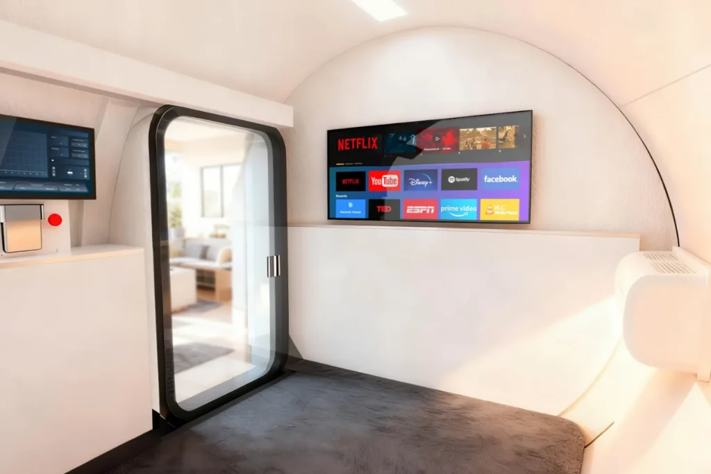 Kavisli beyaz duvarlara sahip modern, minimalist hiperbarik kabin; Netflix gibi çeşitli yayın uygulamalarını gösteren büyük bir ekran ve şık cam kapı.