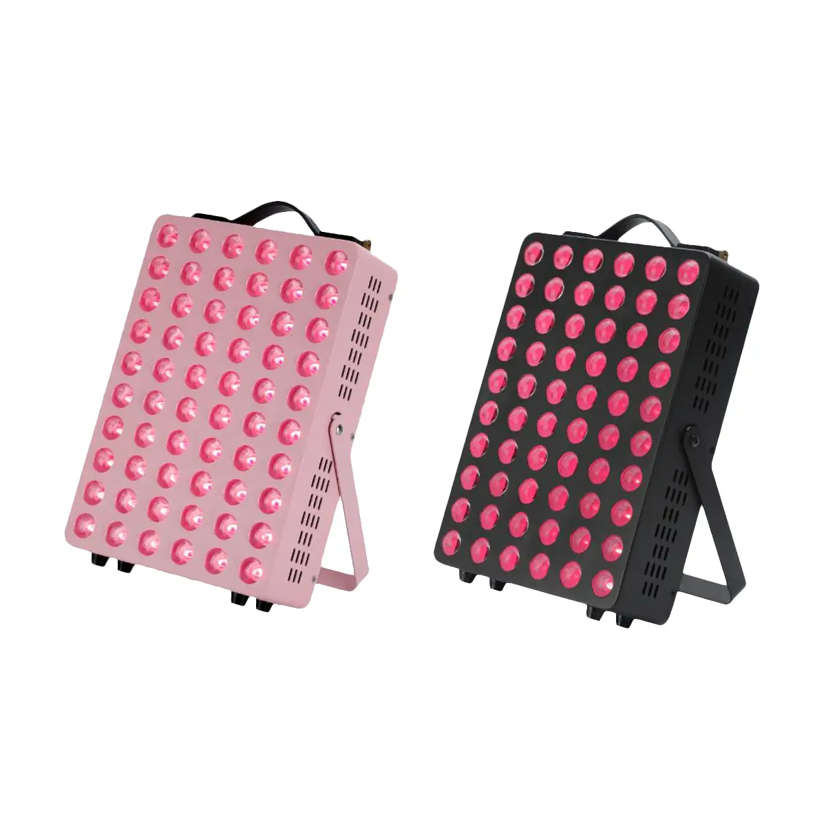 Eğimli destekler üzerinde duran iki dikdörtgen LED panel. Biri siyah, diğeri pembe. Her ikisinde de çok sayıda küçük yuvarlak LED ve kolay taşıma için üstte tutma kolları var.