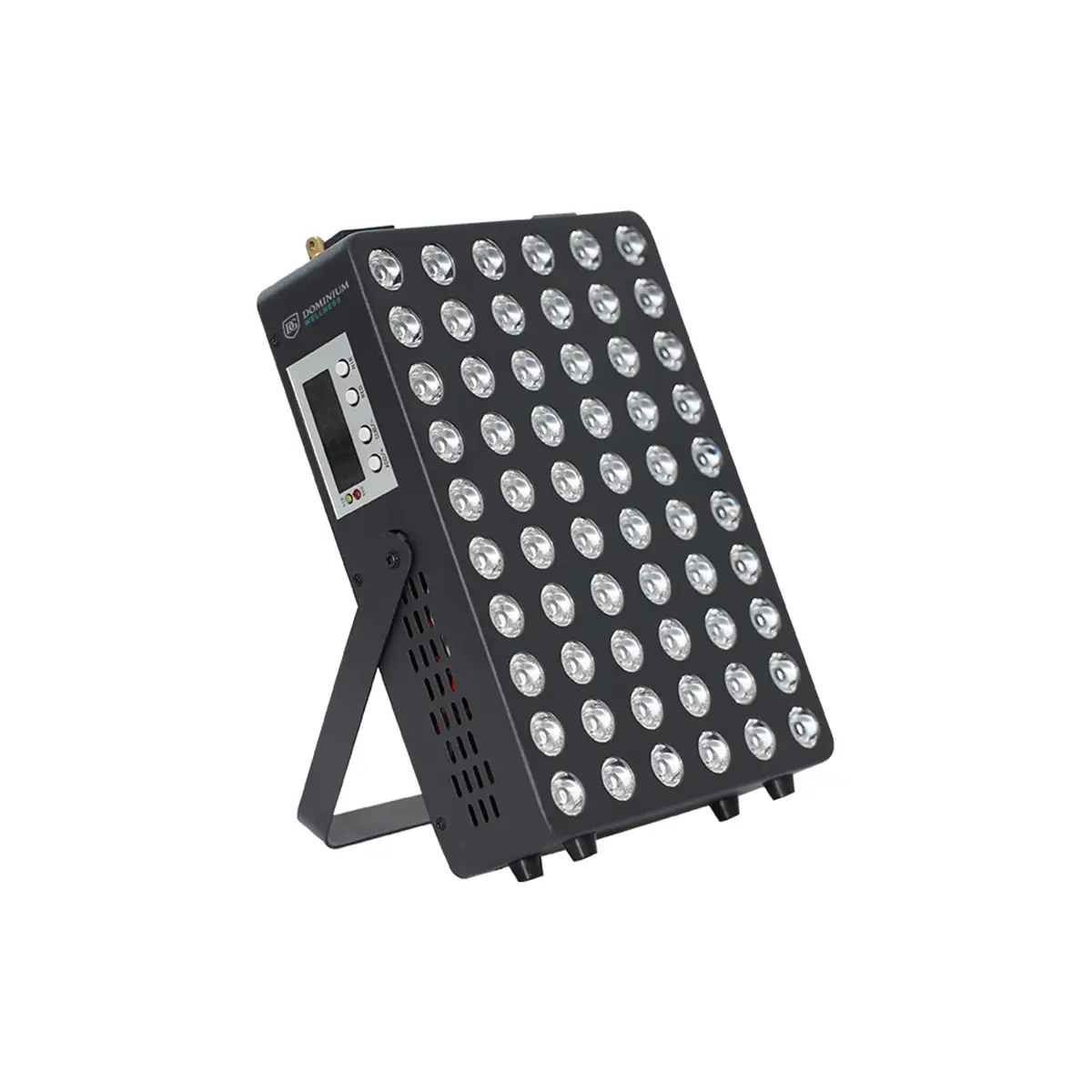 Stand üzerine monte edilmiş, 60 yuvarlak ampulden oluşan ızgaraya sahip siyah LED panel. Yan tarafında kontrol paneli var; beyaz arka plan.